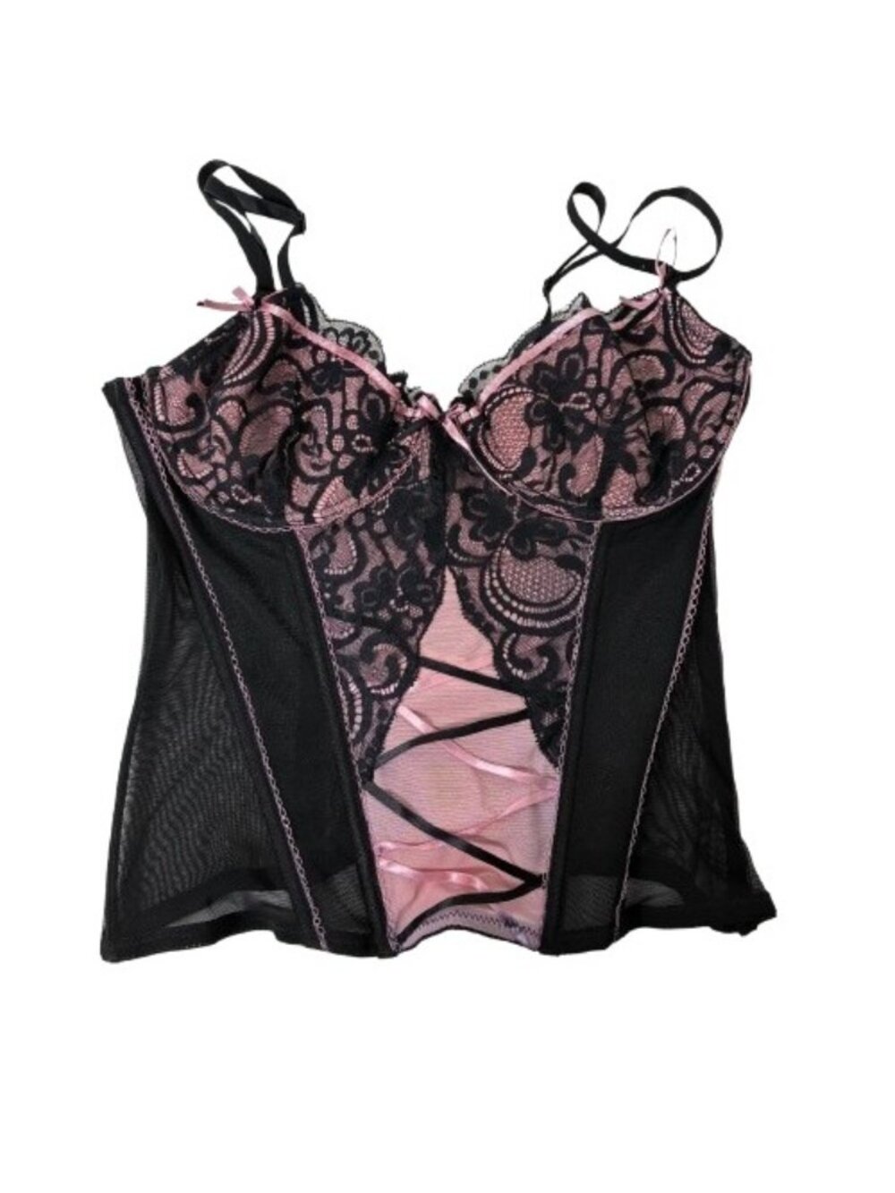 VTG Donna Loren Gold Label Bustier Corset Black Pink Lace Sz 36C Coquette